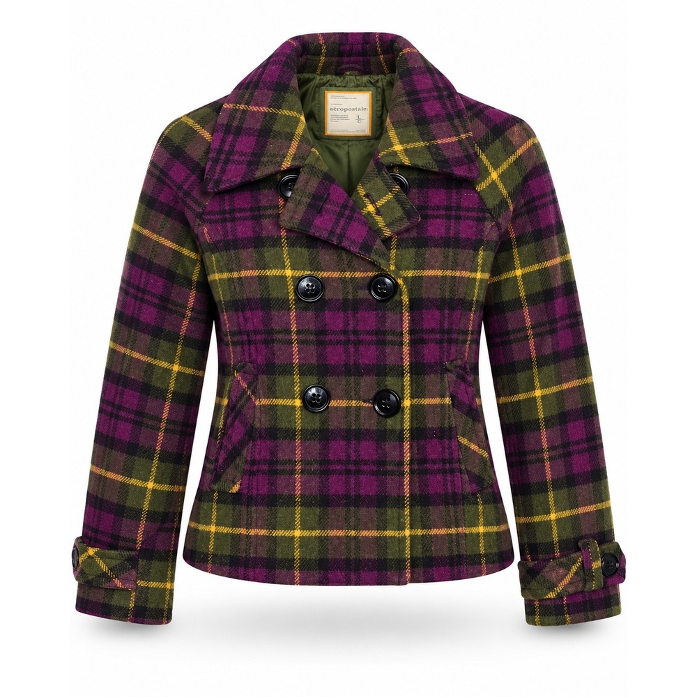 Aeropostale Womens Large Purple Green Plaid Wool Blend Double Breasted Pea Coat